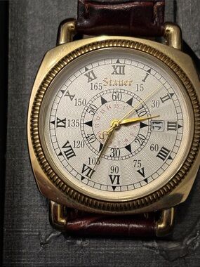 Stauer Gold-Tone Case Men's Watch with Dark Brown Leather Strap